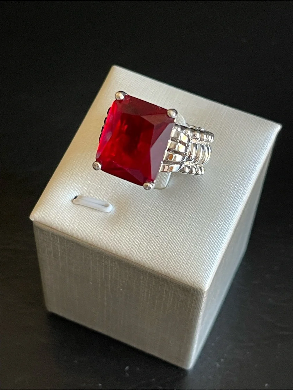 Emerald cut red rhinestone Statement Ring .
